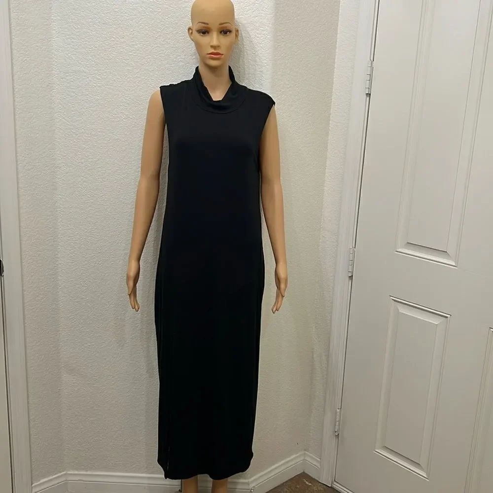 Good American Dress Sz 6 Black Knit Turtleneck Sleeveless Slit Leg Midi Slip On